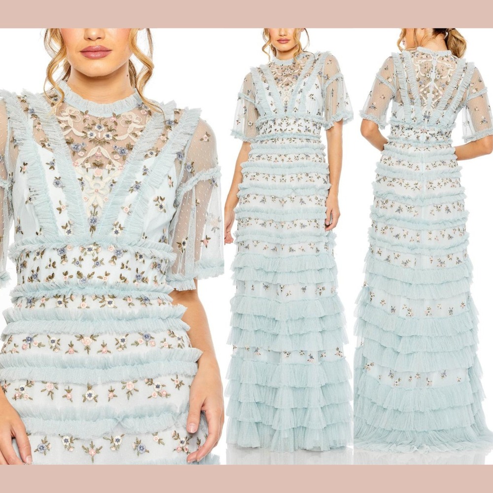NWT Mac Duggal [ 16 ] 8033 Short Sleeve Floral Embroidere Ruffle Gown Blue S2111